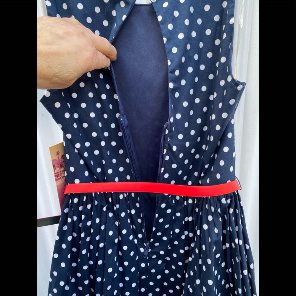 Emerald Sundae Sleeveless Navy Polka Dot Party Dress with Attached Slip - Picture 5 of 14